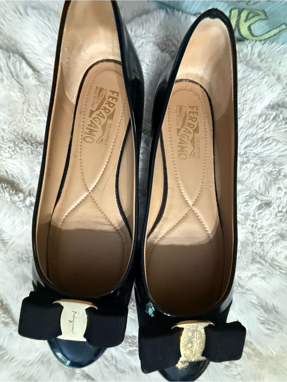 Salvatore Ferragamo Black Patent Leather Vara Bow Flats Size 36 Authentic
